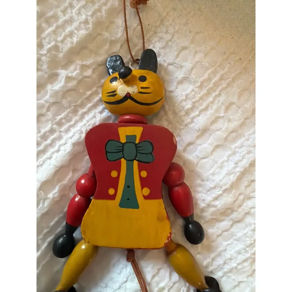 Vintage Wooden Jumping Jack Cat Pull String Hand Painted Folk Art Toy 7